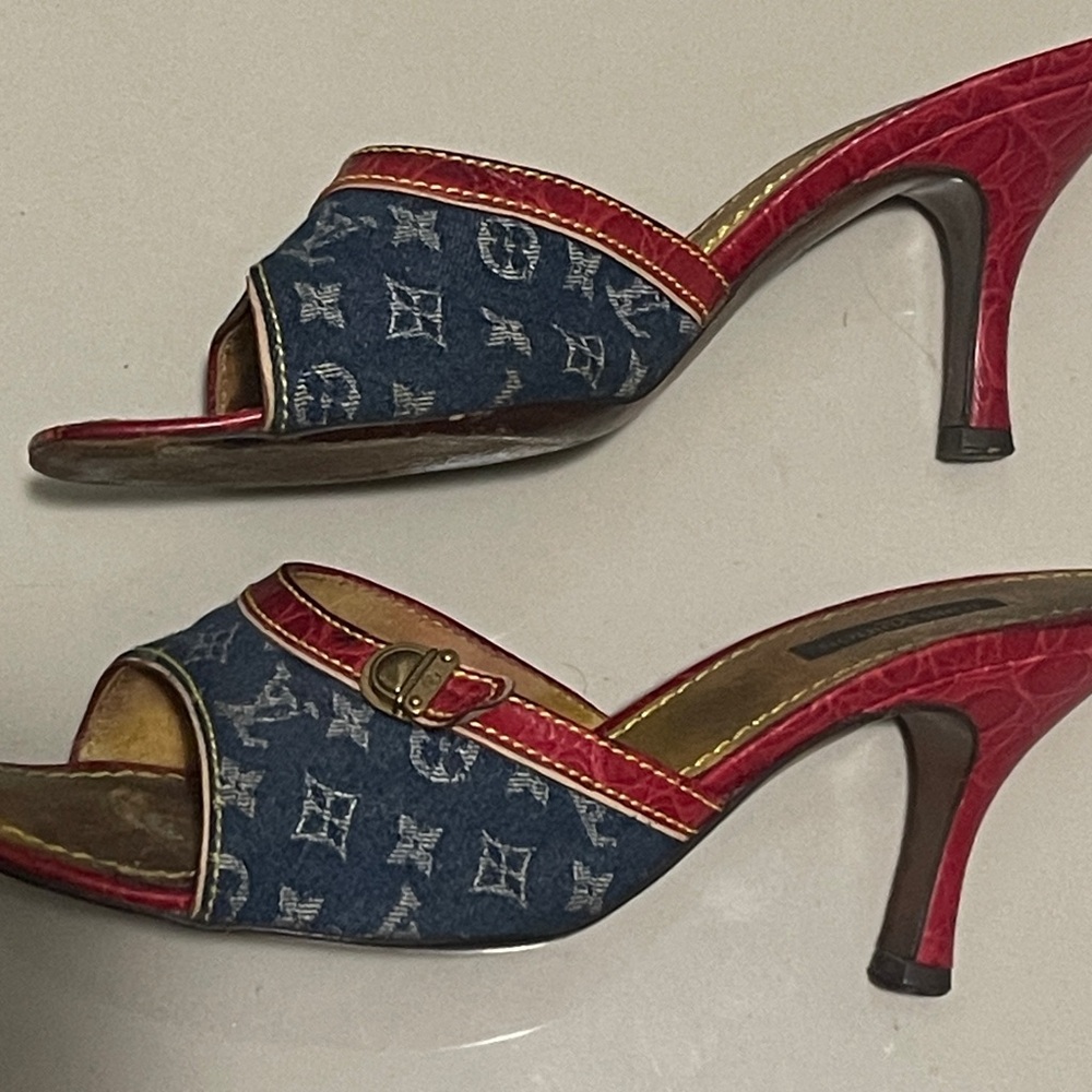 Louis Vuitton Red and Blue Heels with Iconic Monogram